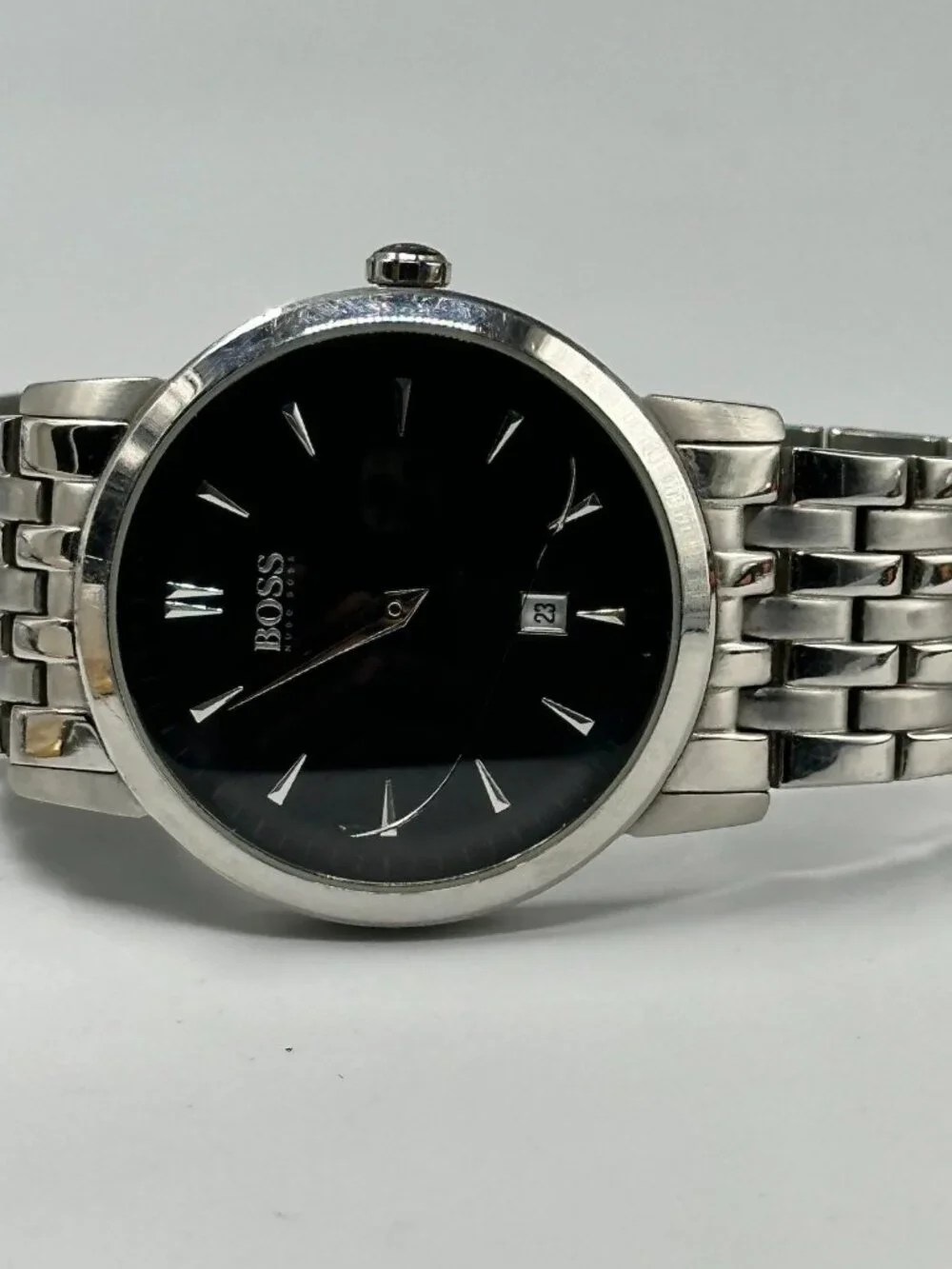 Hugo Boss Mens Watch 40mm Black Dial Date CRACKED Crystal New Battery 7.5